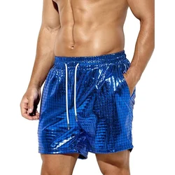 Vintage Style Beach Shorts Mens Fashion Solid Color Plaid Glitter Shiny Sequin Short Pant Men Summer Casual Loose Tie-up Shorts