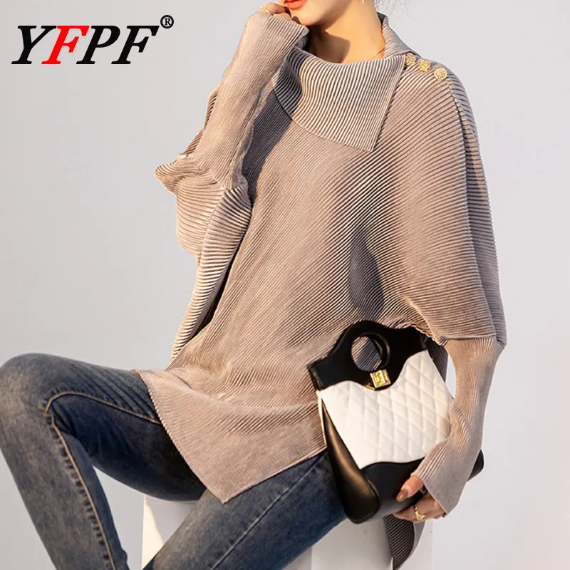 

YFPF Casual Solid Color Loose Blouse For Women Scarf Collar Asymmetrical Design Button Spliced Batwing Sleeve Tops Fashion New