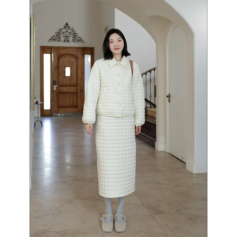 

Уютное хлопковое пальто с воротником-клапаном, прямая юбка-труба с высокой талией, комплект из двух предметов для женщин в их 30 лет, зимняя модная верхняя одежда