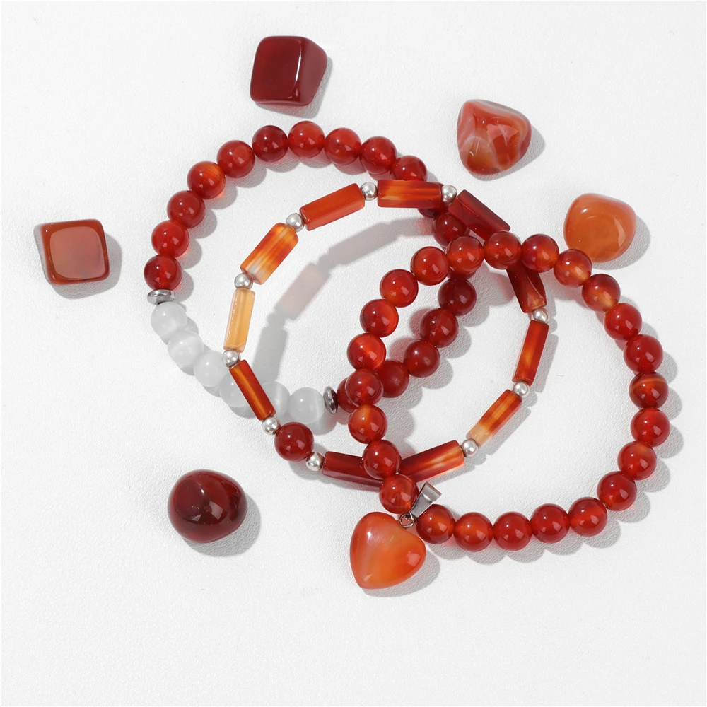 Natural Stone Beaded Bracelets Red Agate Heart Shape Charm Stretch Bracelet Energy Fashion Yoga Bangles for Men Women Jewelry