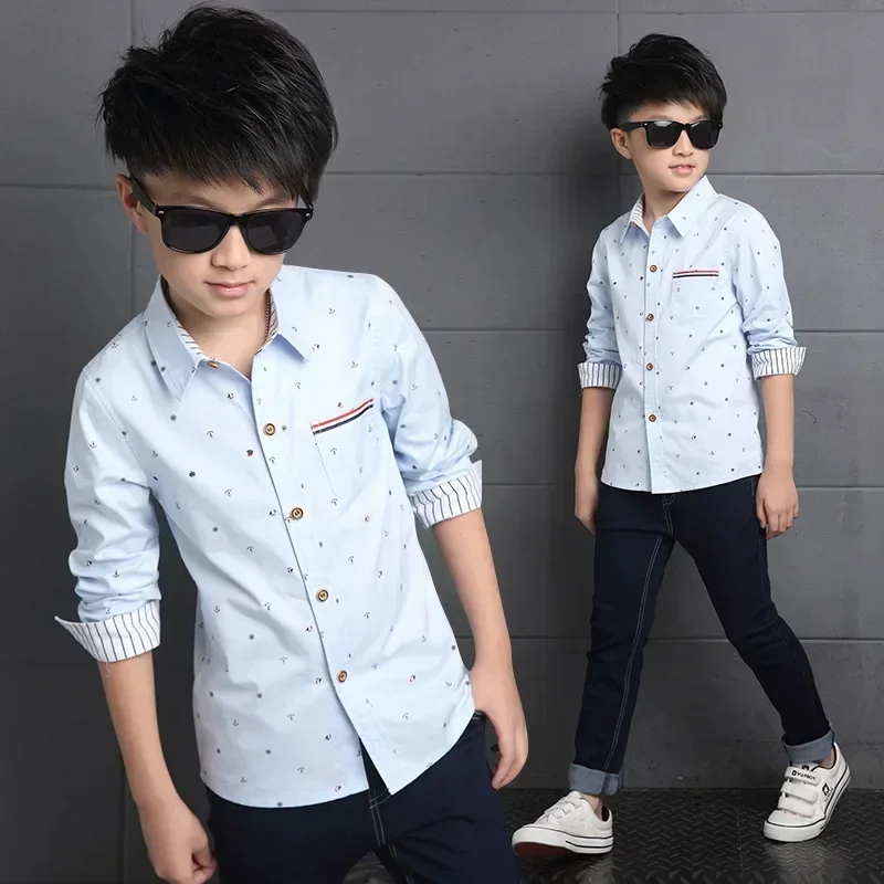 New 2025 Spring Autumn Long Sleeve Boys Blouses Breathable 100% Cotton Kids Children Shirts 5-15 Years Kids Shirts Boys Shirts