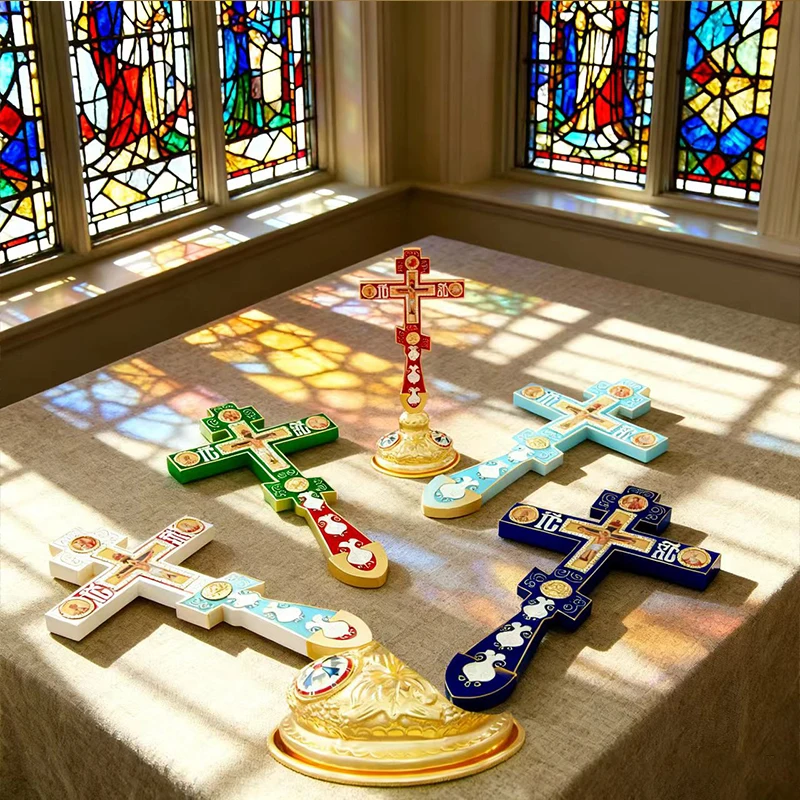 Neues Orthodoxes Kruzifix, vergoldetes Standkreuz mit religiösen Porträts, christliche Altardekoration für Zuhause, orthodoxes Geschenk – Detail 11