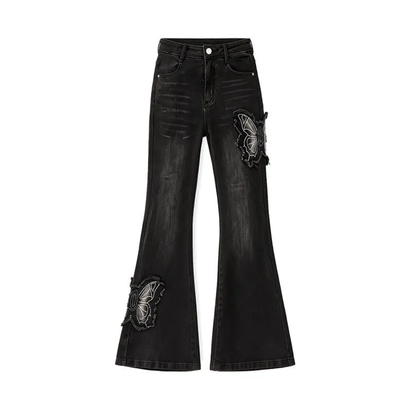 ANJY Spring Autumn New Women Washed Distressed Niche Heavy Butterfly Patch Bootcut Jeans Dark Ins High Street Denim Pants A20666