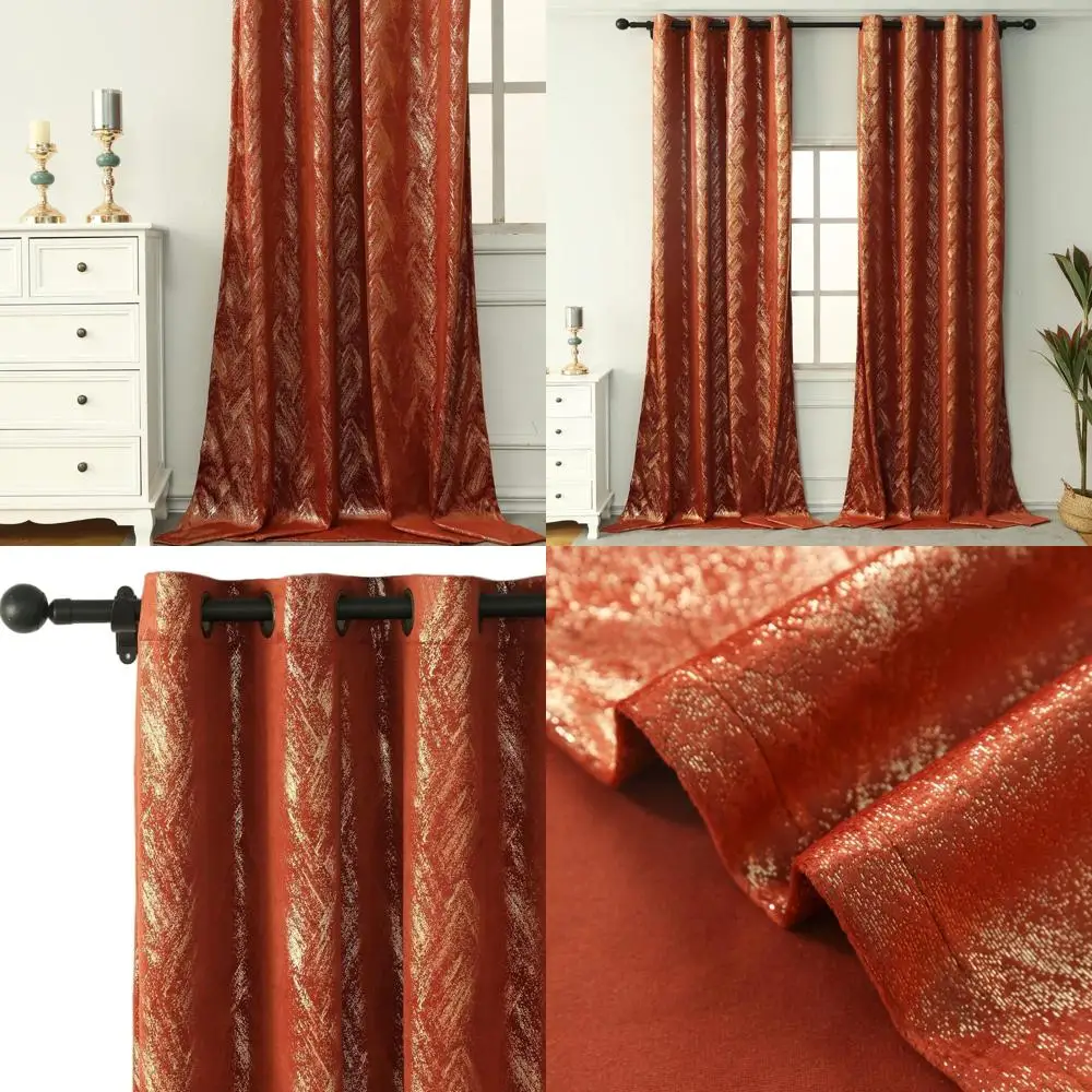 

Luxury Burnt Orange Velvet Curtains with Champagne Gold Foil Print, Geometric Pattern, Thermal Insulation, Grommet Top, 2 Panels