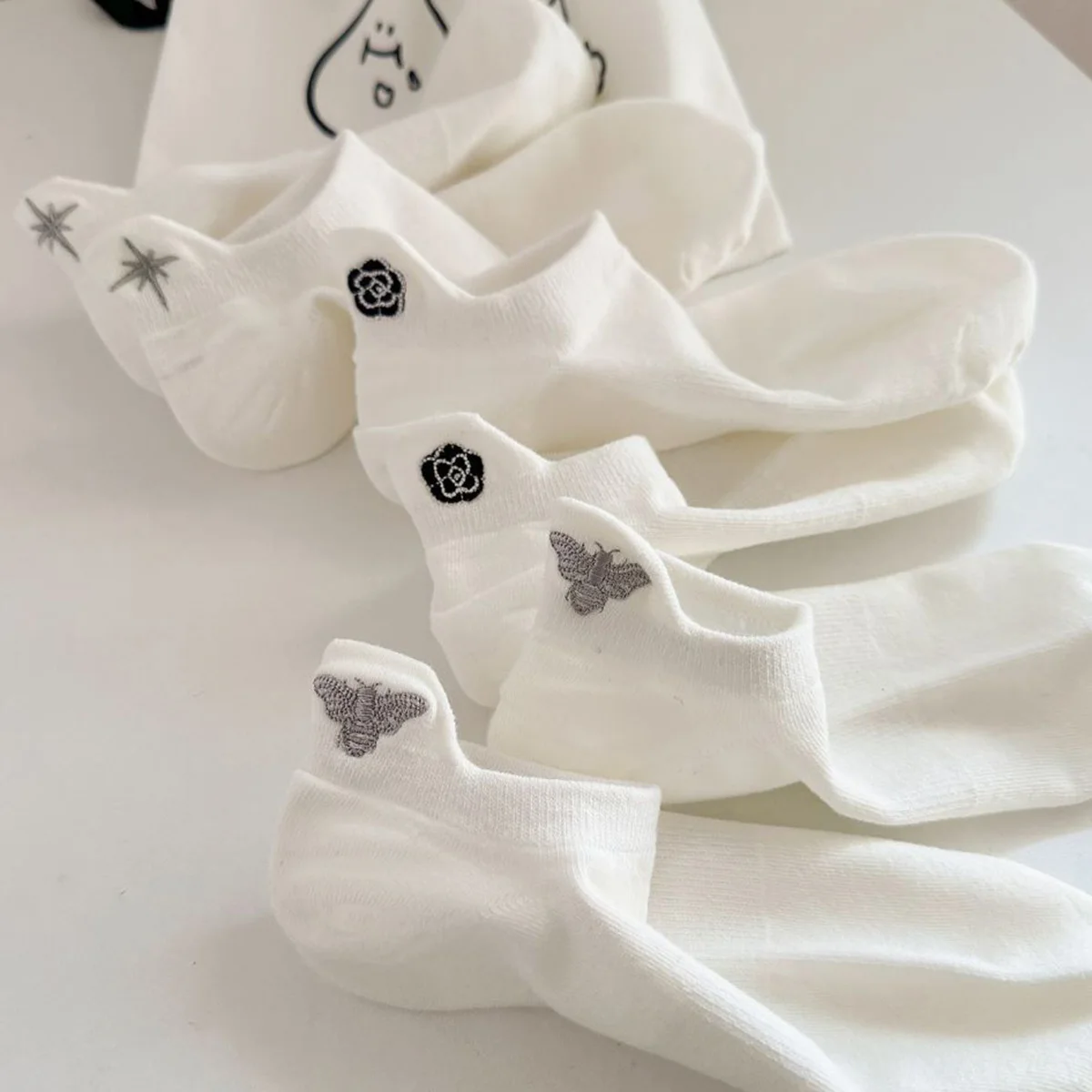 3 Pair White Socks Women Cute Flower Animal Embroidery Luxury Brand Designer Socks Female Spring Summer Short Sports Socken
