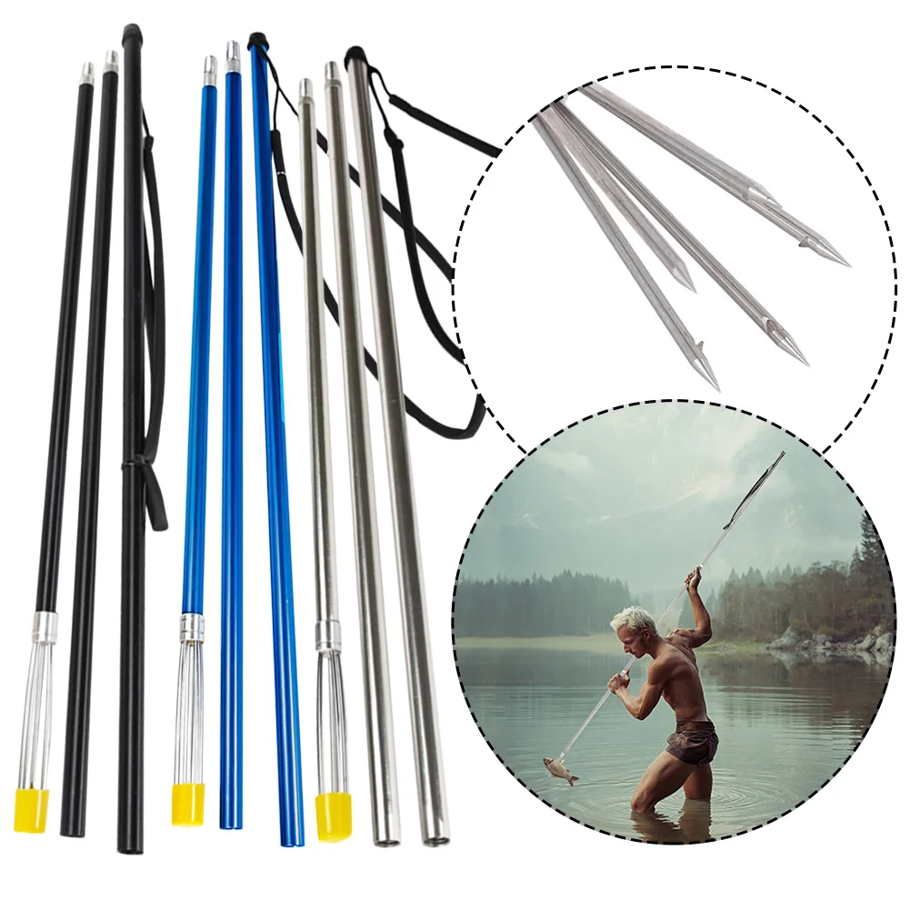 3 Section Fishing Harpoon Spear with 5 Barbed Rods & Lanyard Inverted Spear Harpoon Aluminum Alloy Fishing Tools Accessories