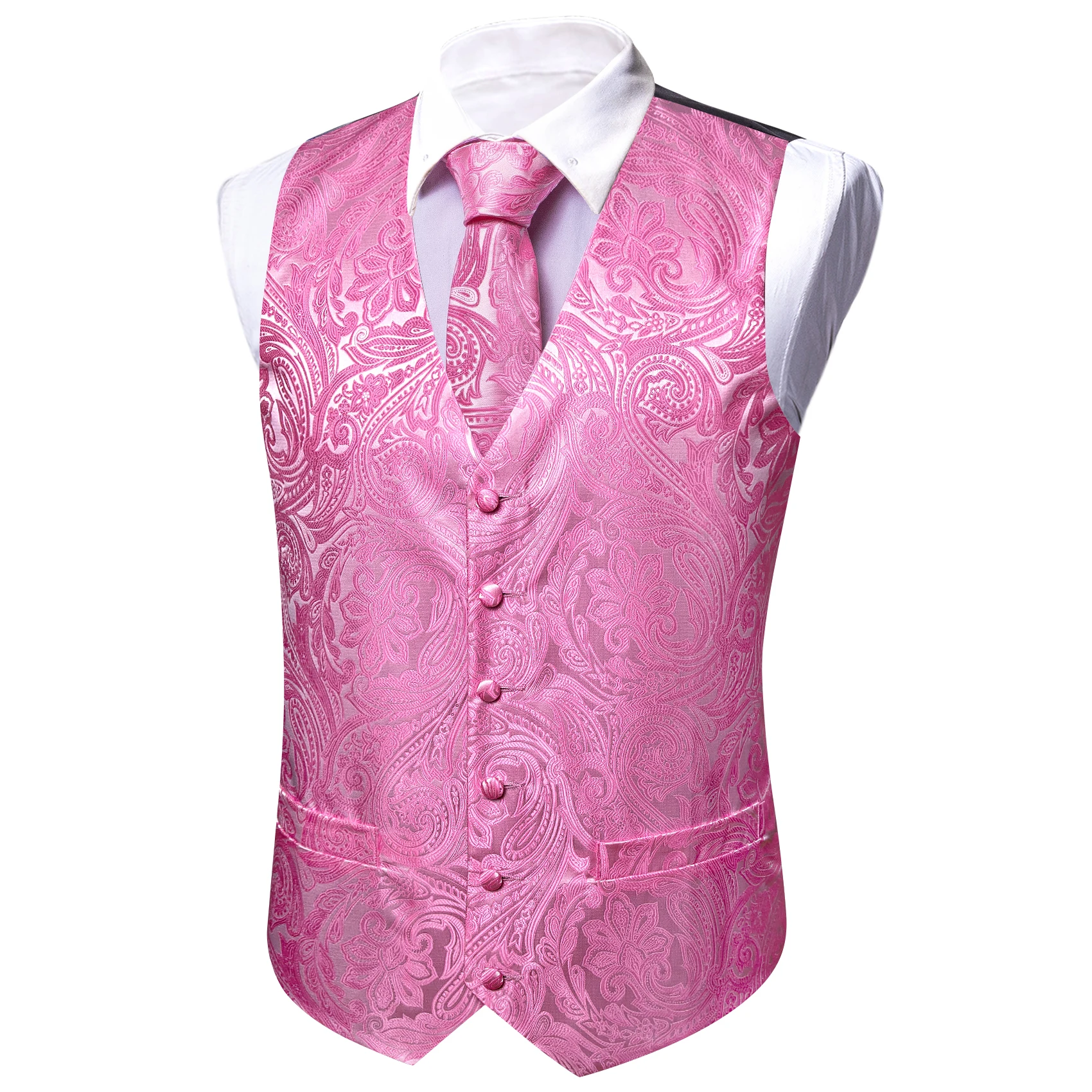 Pink Rose Salmon Silk Men Vest Tie Hanky Cufflinks Set Paisley Floral Waistcoat Sleeveless Jacket Wedding Business Barry.Wang