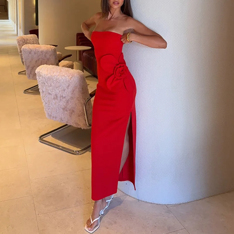 Sexy tubo superior split vestido de festa elegante puro oco para fora sem mangas vestido de banquete 2025 nova senhora estereoscópica floral vestido de noite