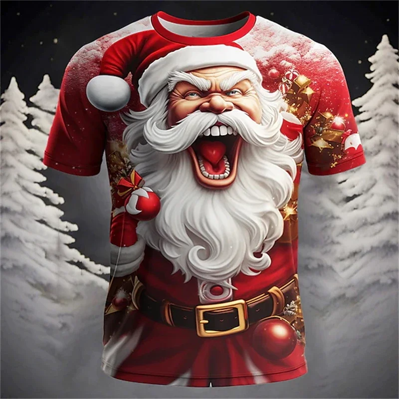 Fashion Christmas T Shirts Men 3D Rave Santa Printed T-shirt Hot Sale Xmas Part Holiday Short Sleeve Men's Tops Oversize Clothes