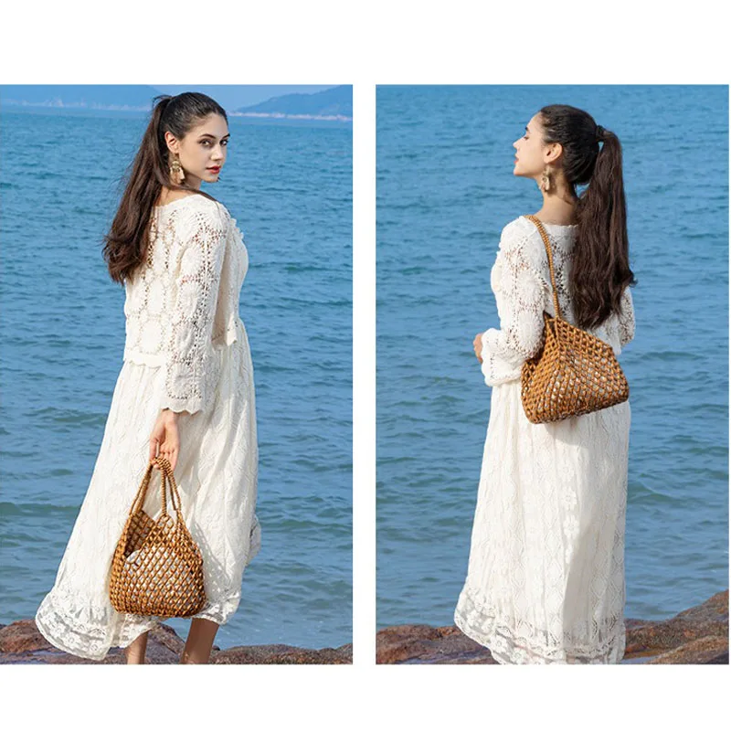 Women Woven Hand Bag Exquisite Design Hollow-out Wooden Bead Shoulder Bag Female Daily Shopping Handbag - view 6