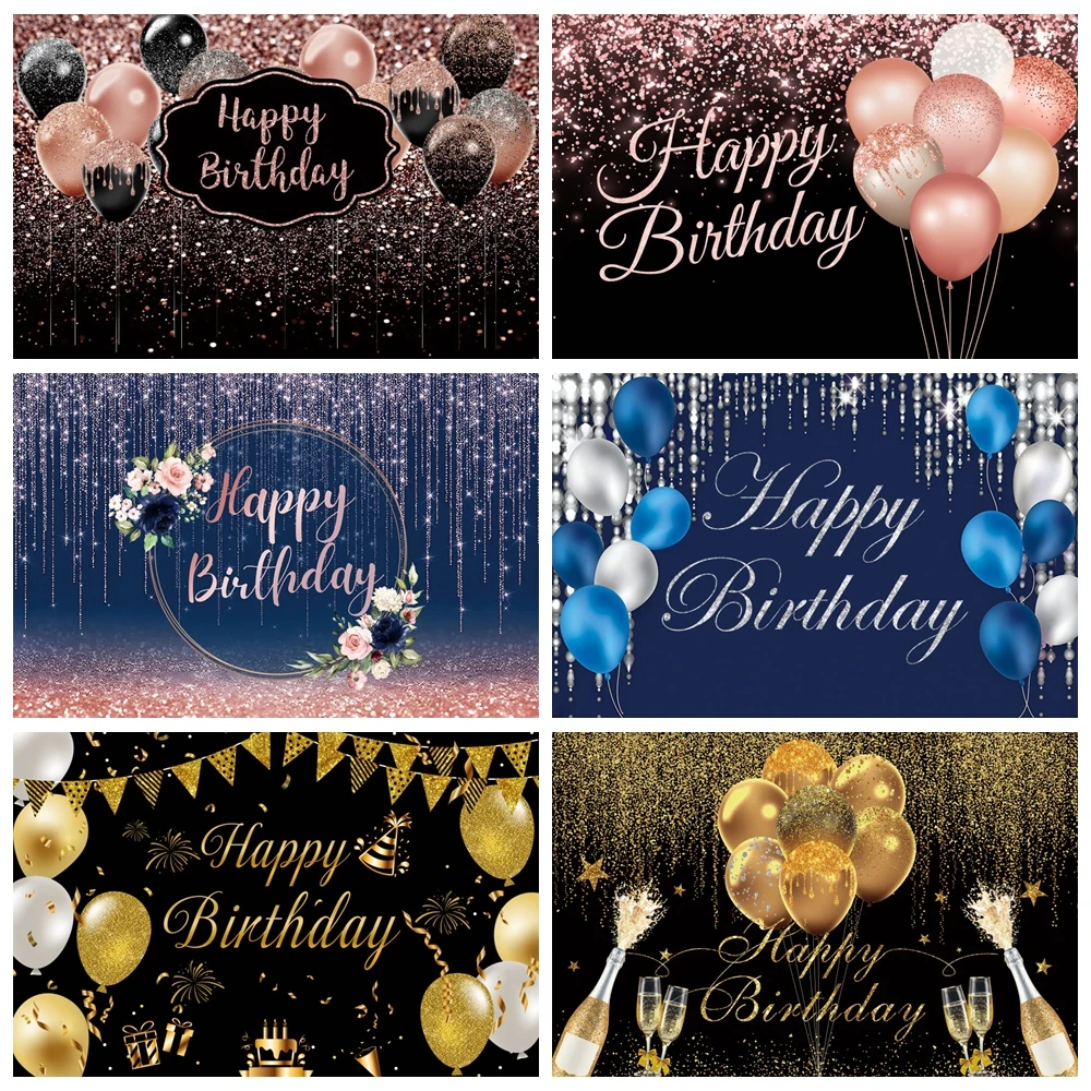 

Happy Birthday Backdrops Women Men Boys Girls Gold Glitter Balloons Flower Beer Photography Background Decor Photo Studio Props