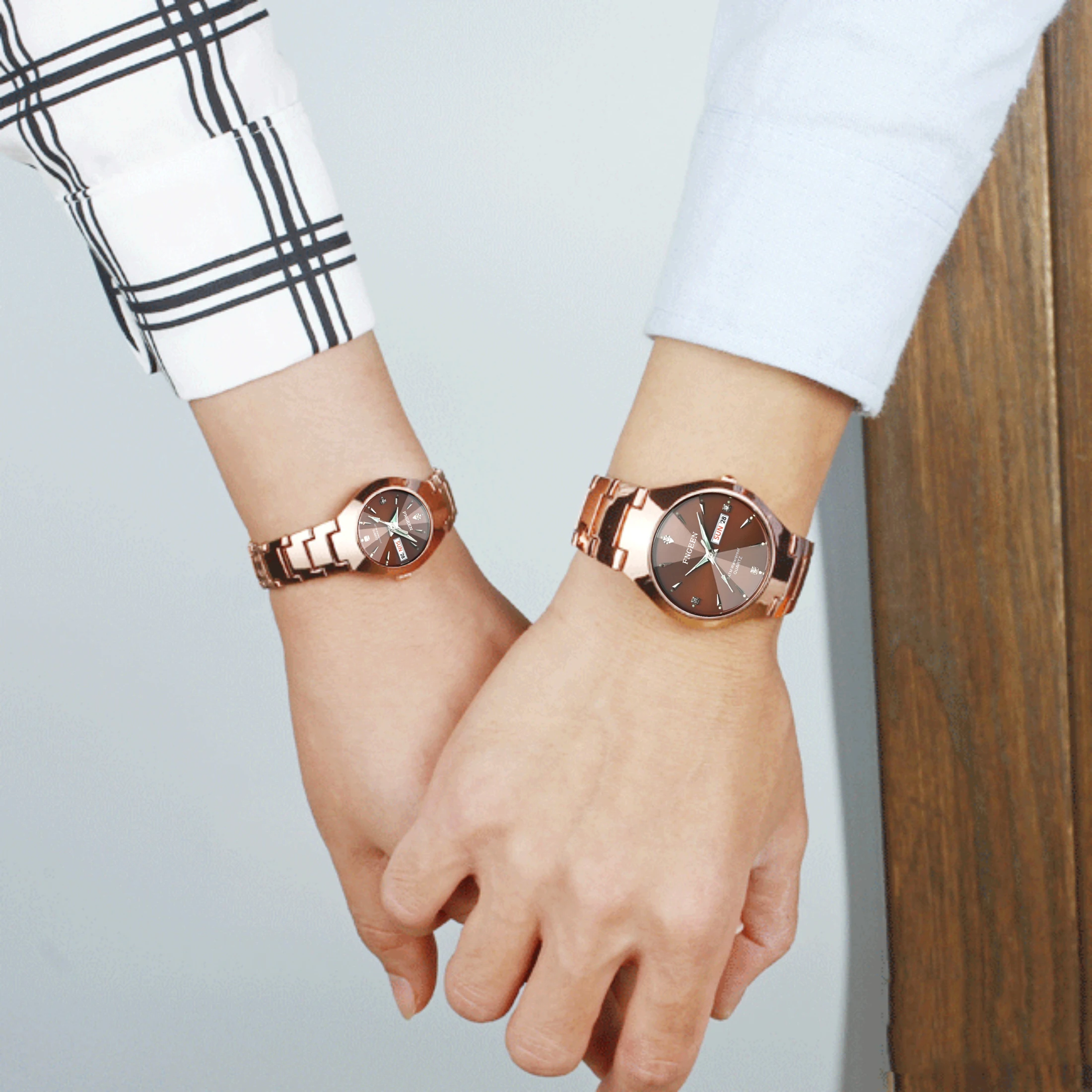 2 Pc/Set Couple Watches Luminous Waterproof Date Calendar Valentine's Day Gift Stainless Steel Rhinestone Quartz Watch Rose Gold