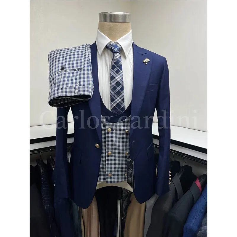 #C-A01 # Fashionable men's checkered suit three piece set