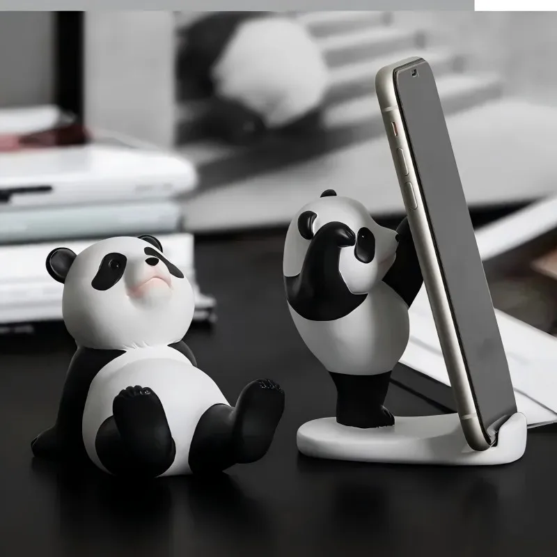 Universal Cute Panda Mobile Phone Holder Stand Modern Resin Sculpture Statue Home Office Desk Decoration image 3