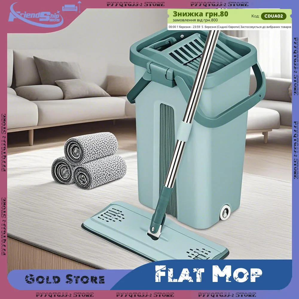 Spin Mop with Squeeze Bucket Replaceable Microfiber Heads 360° Rotating Handle for Hardwood Tile Multi-Surface Cleaning Tools