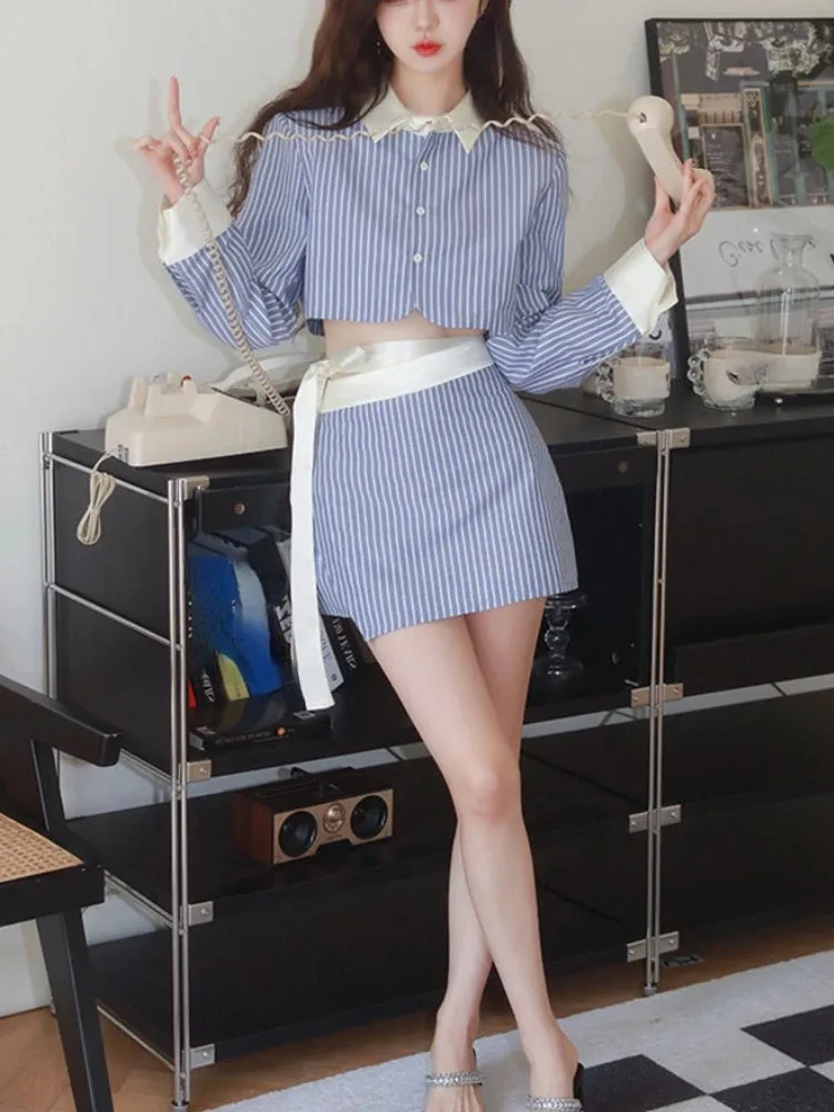 Preppy Style Elegant Striped 2 Piece Skirt Set Women Casual Y2k Crop Tops + Mini Skirts Office Lady Korean Fashion Suits Chic