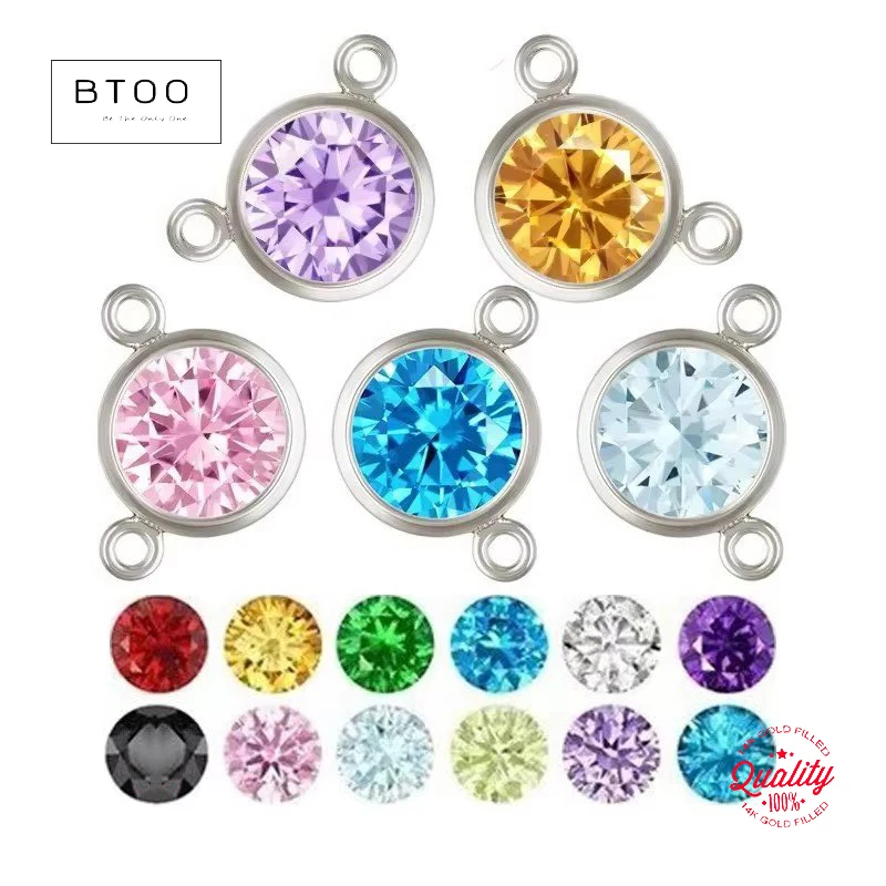 925 Sterling Silver 6mm Birthstone AAA CZ Link Connector with 2 Loops School Sport Color Stone Finding for Jewelry Making