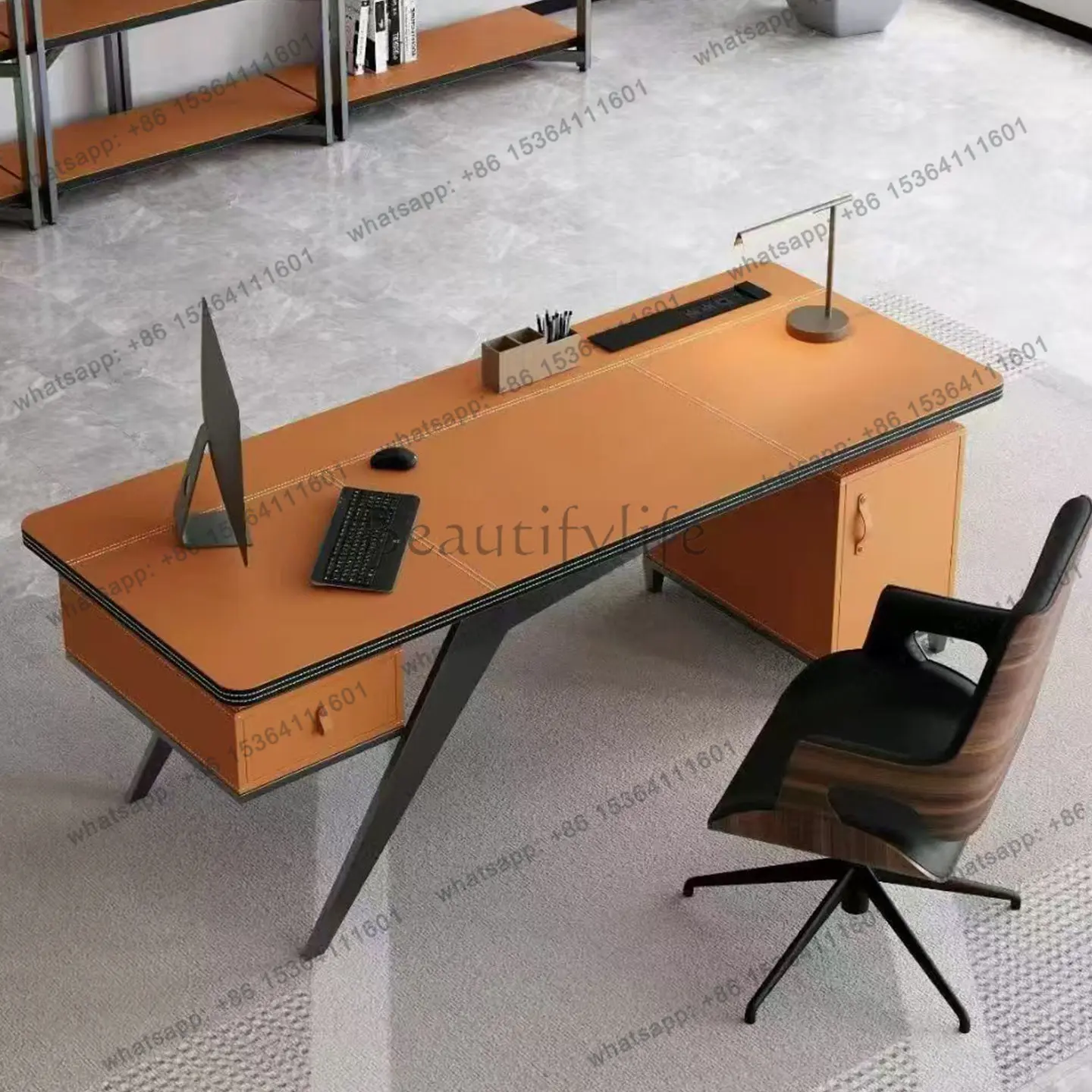 PG Italian light luxury saddle leather desk modern simple study computer desk high-end