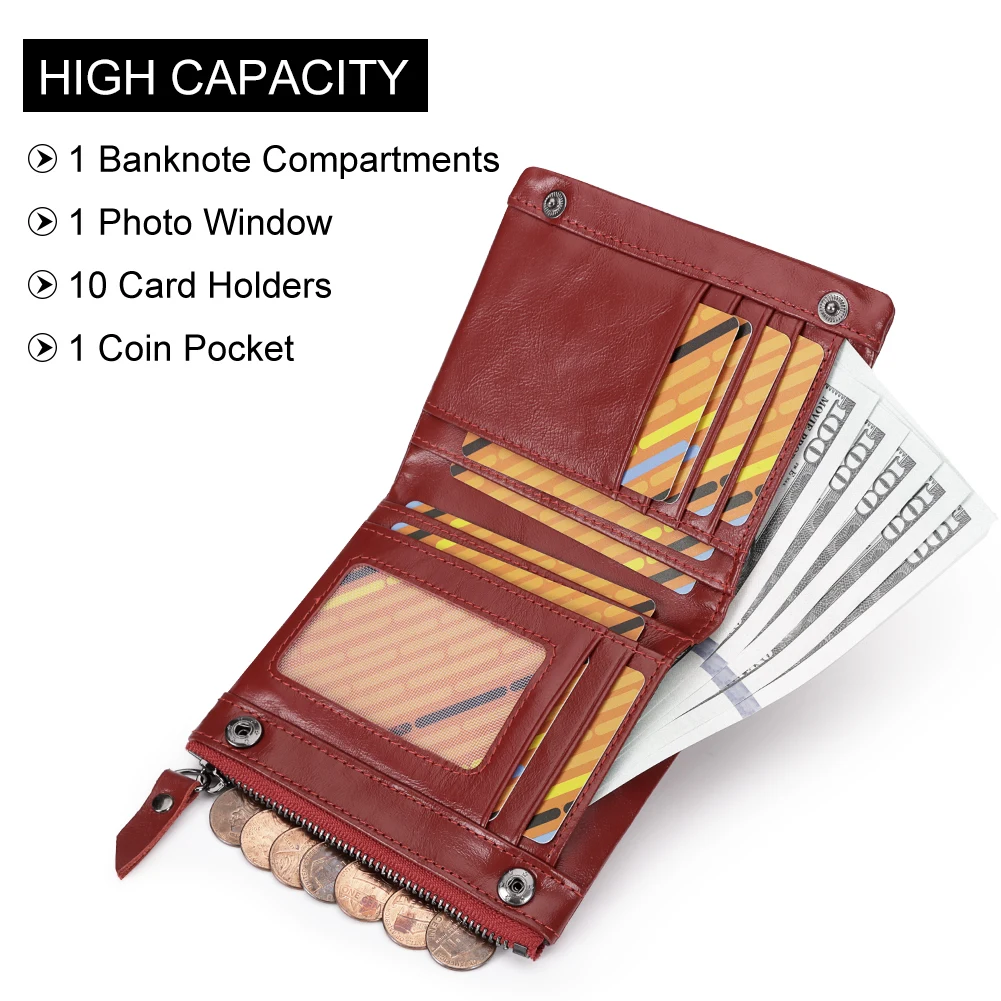 100%  Genuine Leather Small Wallet for Women Bifold Compact RFID Credit Card Wallets with Zippet Pocket Short Ladies Money Clip