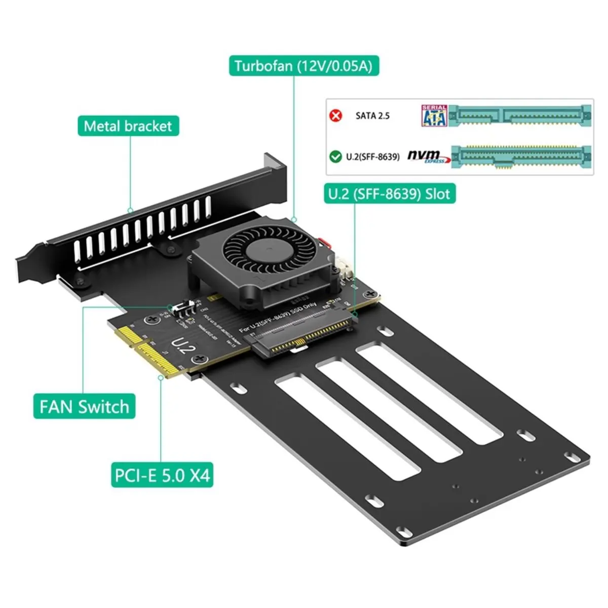PCIe 5.0 X4 to U.2 (SFF-8639) NVMe SSD Adapter Card with Cooling Fan for Desktop/Server