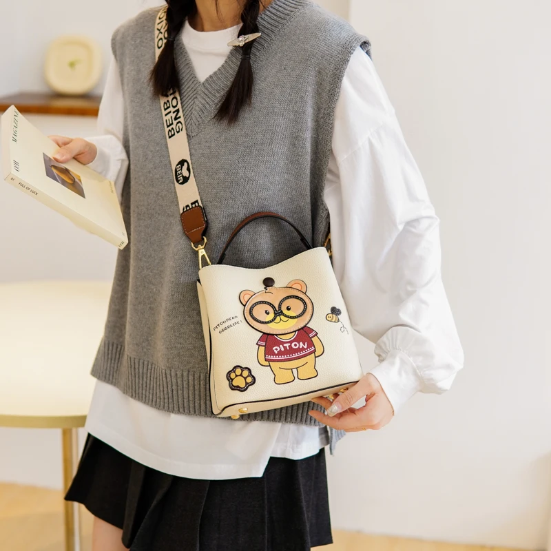 cute bear female shoulder bag Bucket bag for women Large capacity women\'s bag Thick shoulder strap handbag Girl totes purse bag