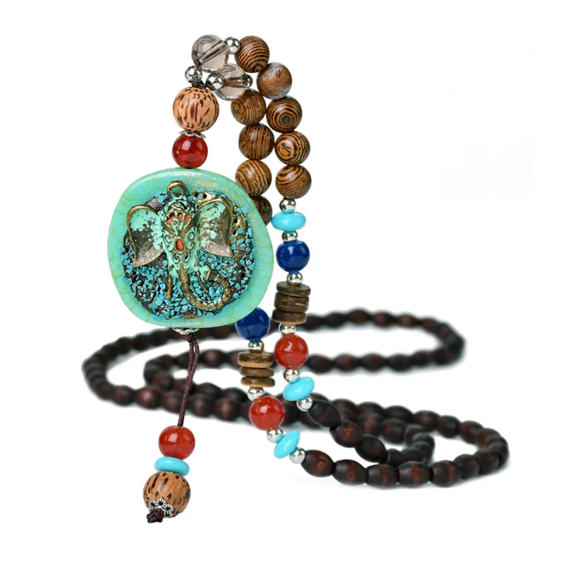 Vintage Long Necklace Handmade Turquoise Wood Beads Necklace For Women Fashion Jewelry