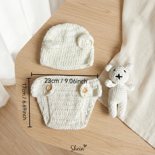 Newborn Baby Photo Props Bear 3 Piece Knitted Set Hat Shorts Bear Plush Toy Photography Accessories 2