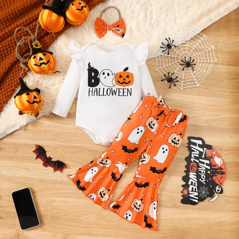 Newborn Infant Baby Girls Halloween Bodysuit Romper White Ruffled Top Orange Flare Pants Pumpkin Ghost Print Set 0 24M