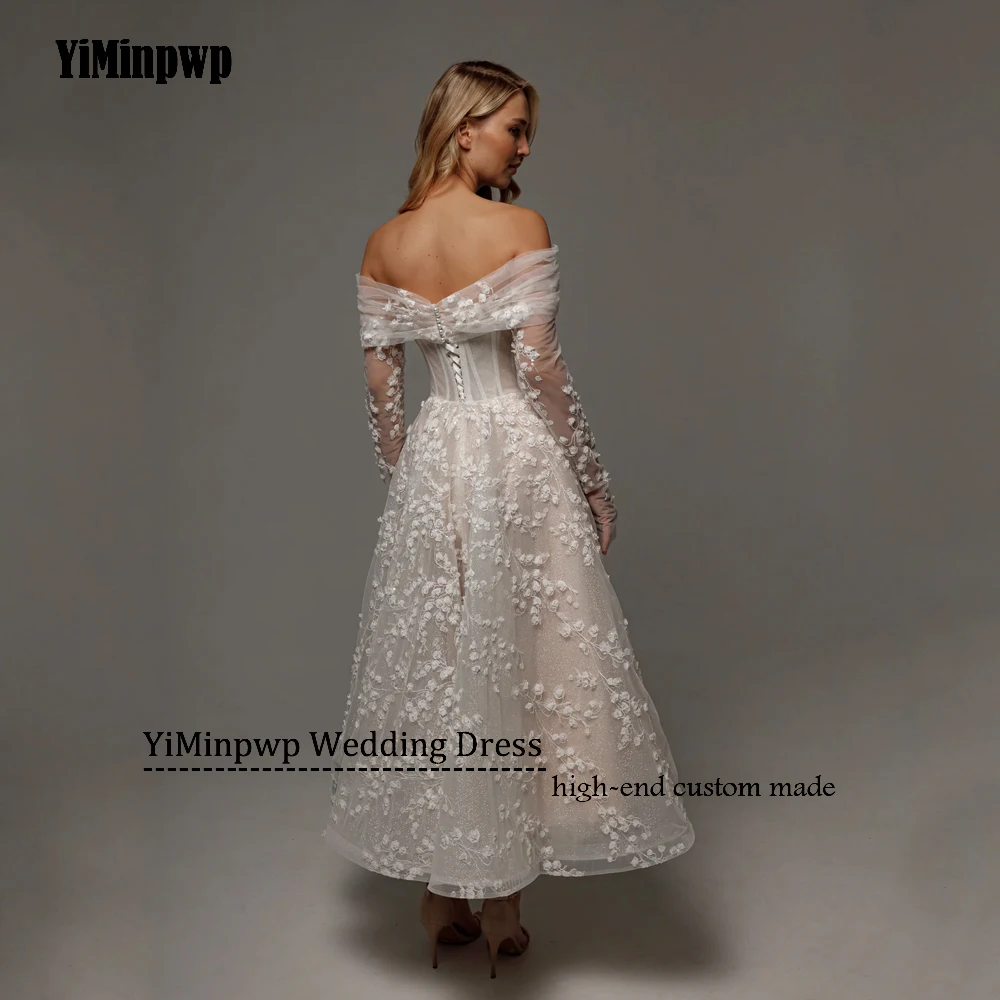 Блестящие свадебные платья трапециевидной формы с длинными рукавами и аппликацией, корсет, платья невесты для женщин, блестящий тюль, миди, платье de noiva по индивидуальному заказуБлестящие свадебные платья A-Line Пол