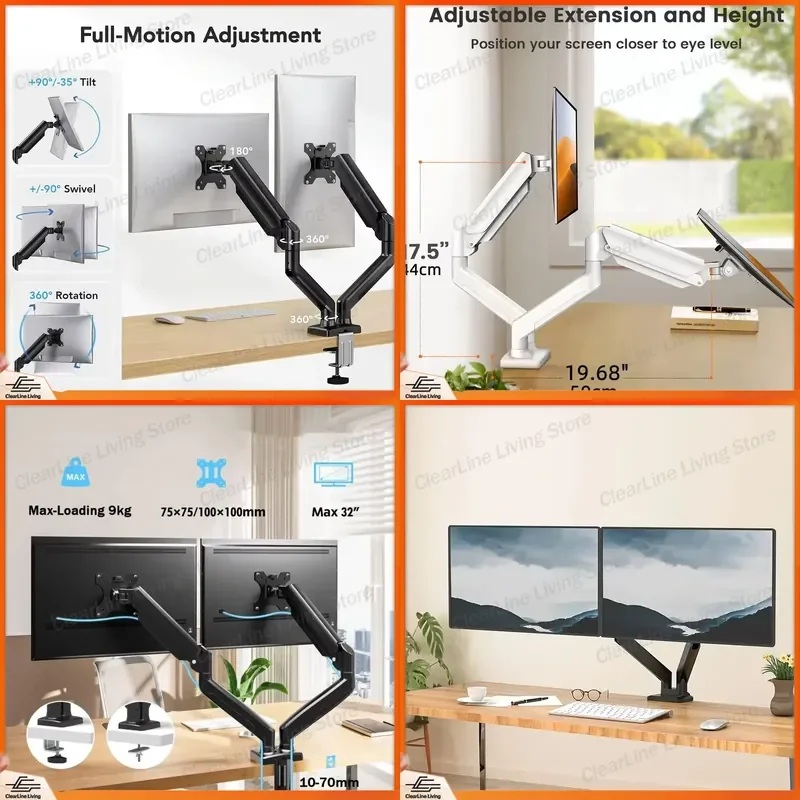Dual Monitor Mount for 13 to 32 Inch Screens Adjustable Stand with 180 Degree Swivel Tilt and 360 Degree Rotation for Home