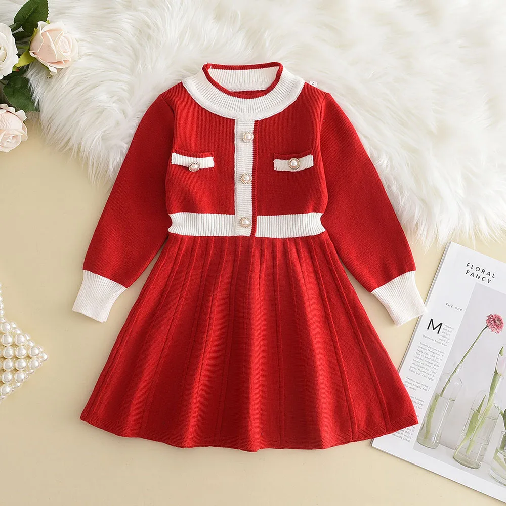 New Year's Red Girl Knitting Wool Long Sleeve Splicing Dress Spring and Autumn New Girl Baby Bow Fashion Dress Christmas Clothes