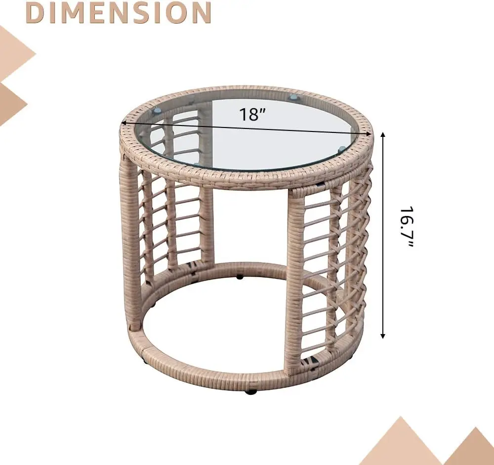 Joivi Outdoor Wicker Side Table, All-Weather Patio Rattan End Table With Glass Top, Round Coffee Table For Patio Bistro Set,