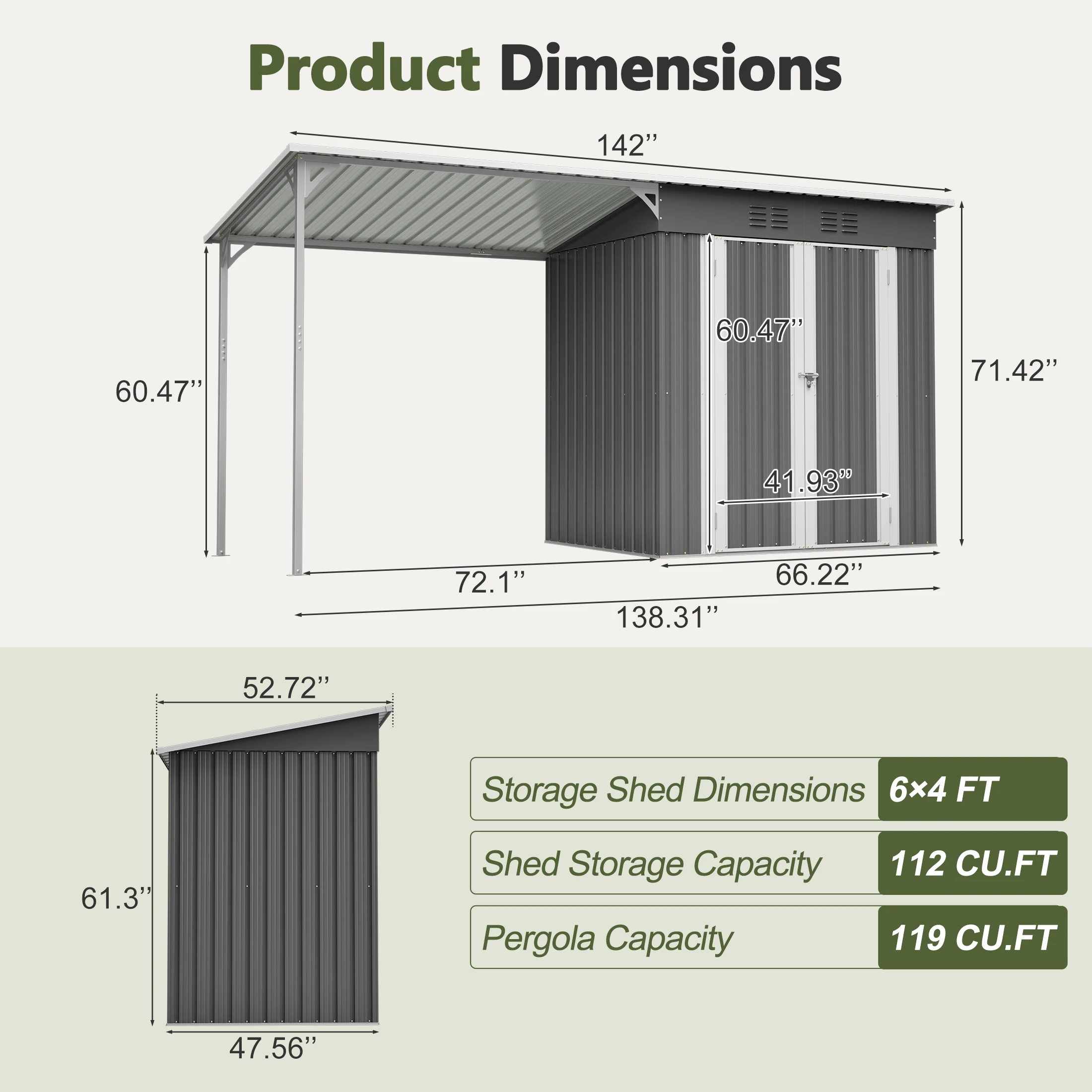 6x4FT Heavy Duty Metal Garden Shed with Pergola Triangular Support Bracket Reinforced Base Galvanized Steel Waterproof for Backyard Tool Storage