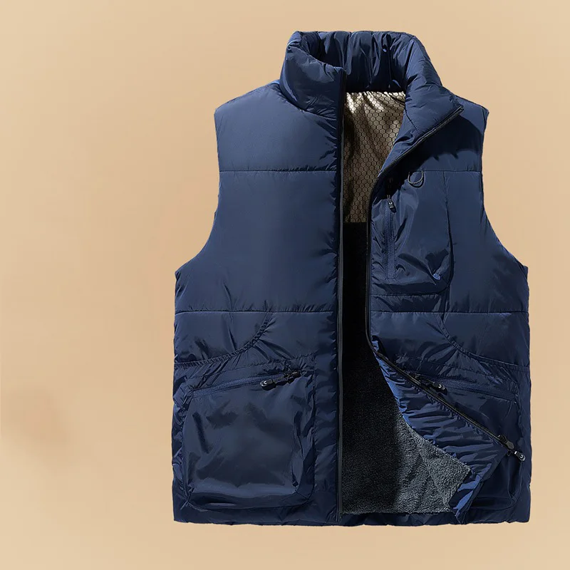 

Man Down Vest Autumn Winter Thicken Fleece Warm Pocket Male Waistcoat Stand Collar Sleeveless Solid Color Versatile Men Coat