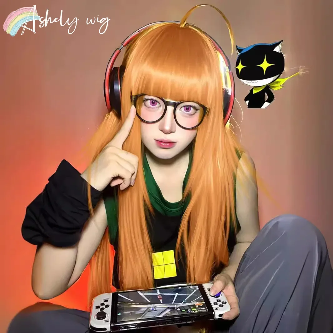 Orange Wig Straight Long Wig with Bangs Cos Anime Synthetic Wigs Persona5 Futaba Sakura Cosplay Costume wigs