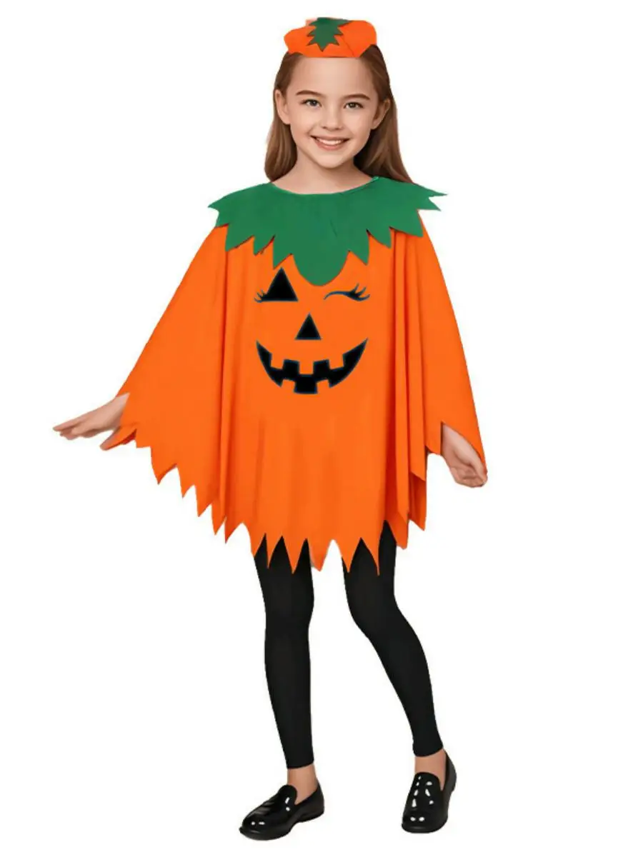 طقم زي تنكري لحفلات الهالوين للكبار والأطفال، يتضمن عباءة بتصميم مموج على الكتف، وقبعة على شكل يقطين، وعصابة شعر، مصنوع من ال...