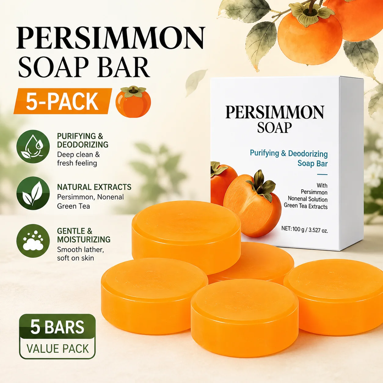 1/2/3 Stück Persimmon-Seifenstück, 100 g, gegen Körpergeruch, nährt tiefgehend, desodorierende Seife für Männer und Frauen, Körperpflege, Duschseife