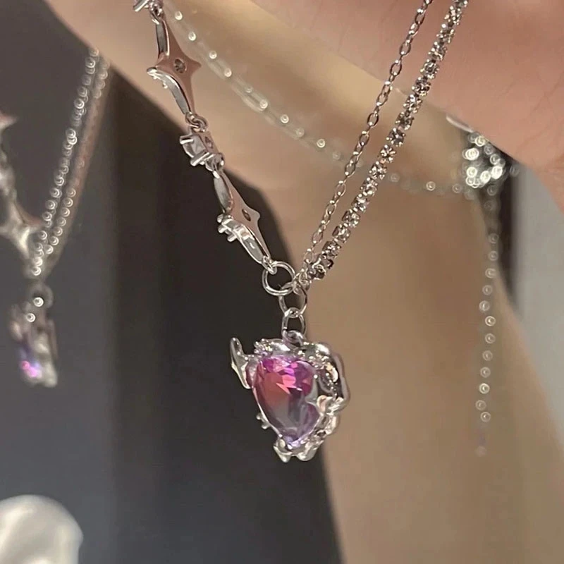 Korean Fashion Purple Crystal Heart Pendant Necklace For Women Black Crystal Girl Cool Clavicle Chain Y2k Aesthetic Jewelry Part