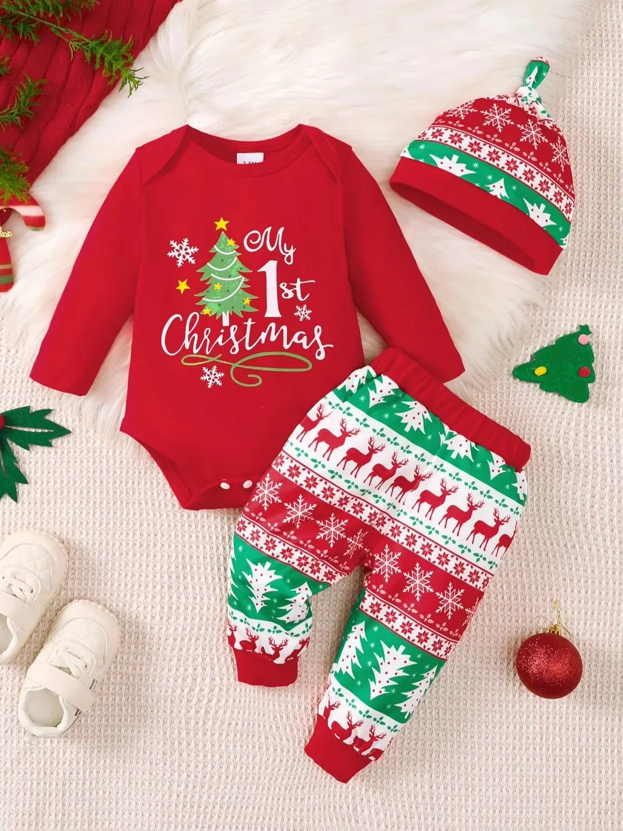 Baby Boy The First Christmas Outfits Cute Print Long Sleeve Top+Pants+Hat 3PCS Clothes Set for 1-18 Months Infant Holiday Suit