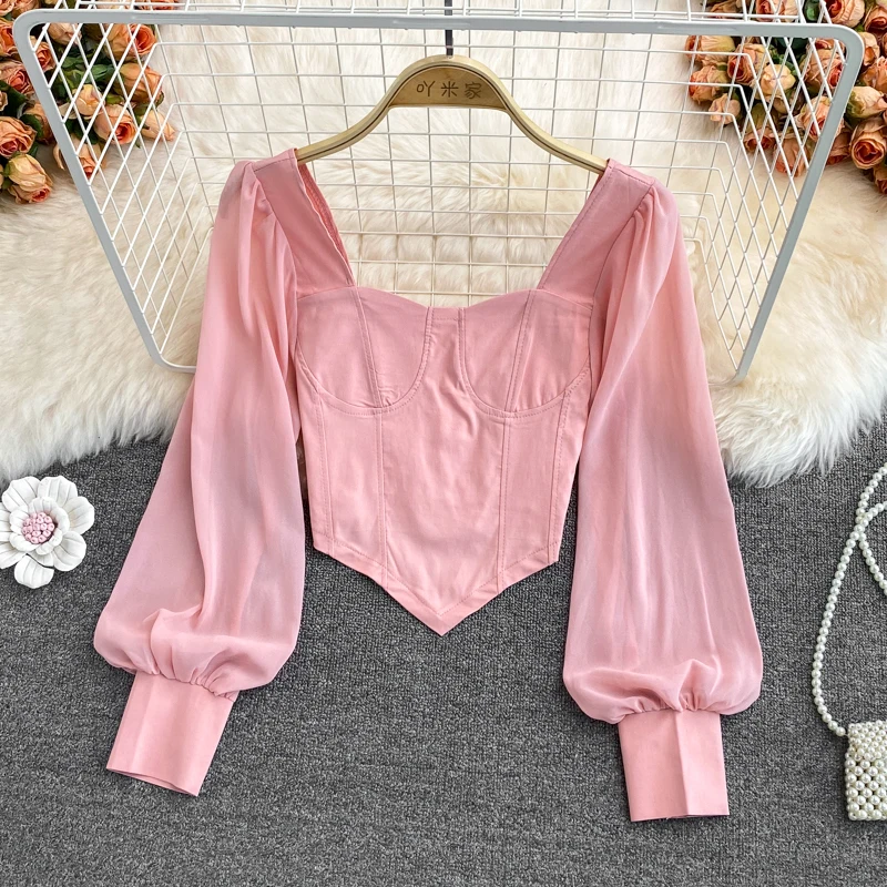 Puff Long Sleeve Shirt  Women Spring Autumn New Korean Chic All-Matched Solid Square Collar Blouse Fashion Irregular Short Top