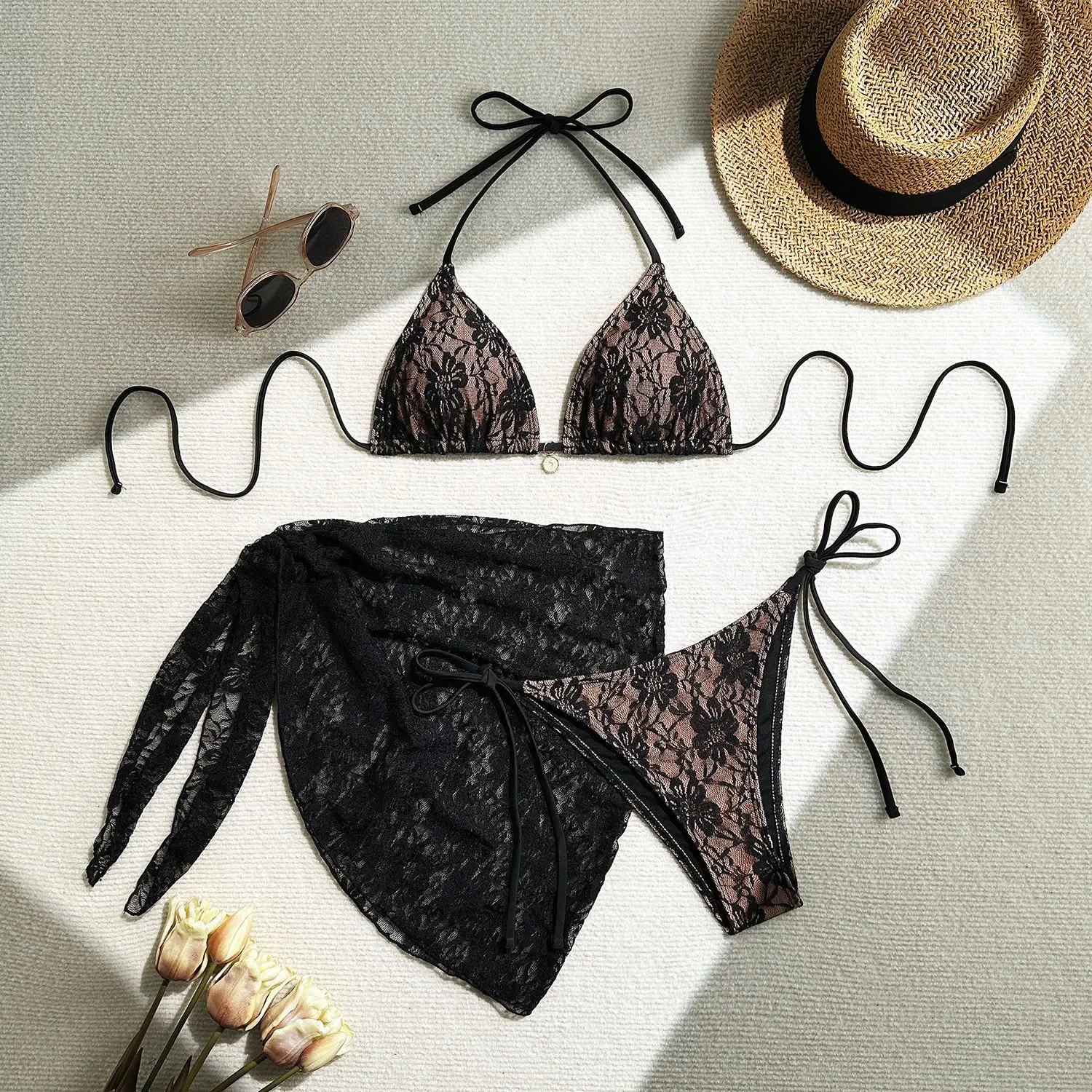 sexy lace micro mini string halter bikinis sets 3pcs with cover skirt black and red 2 color swimwear swimsuit bathing suit