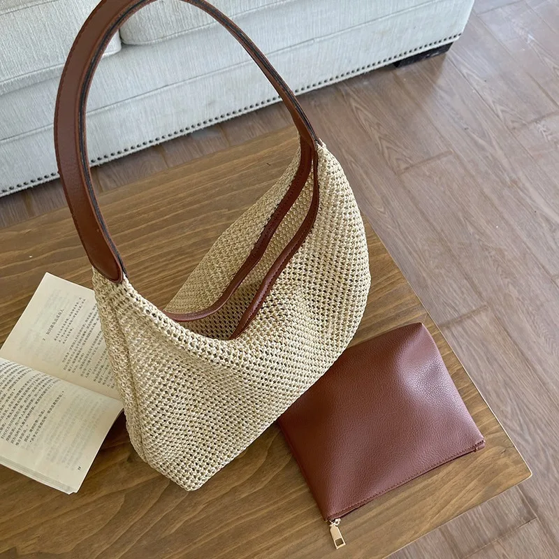 TRSYPHXM new Handmade woven bag for women 2024 new trendy retro tote bag grass woven bag versatile large capacity shoulder bag