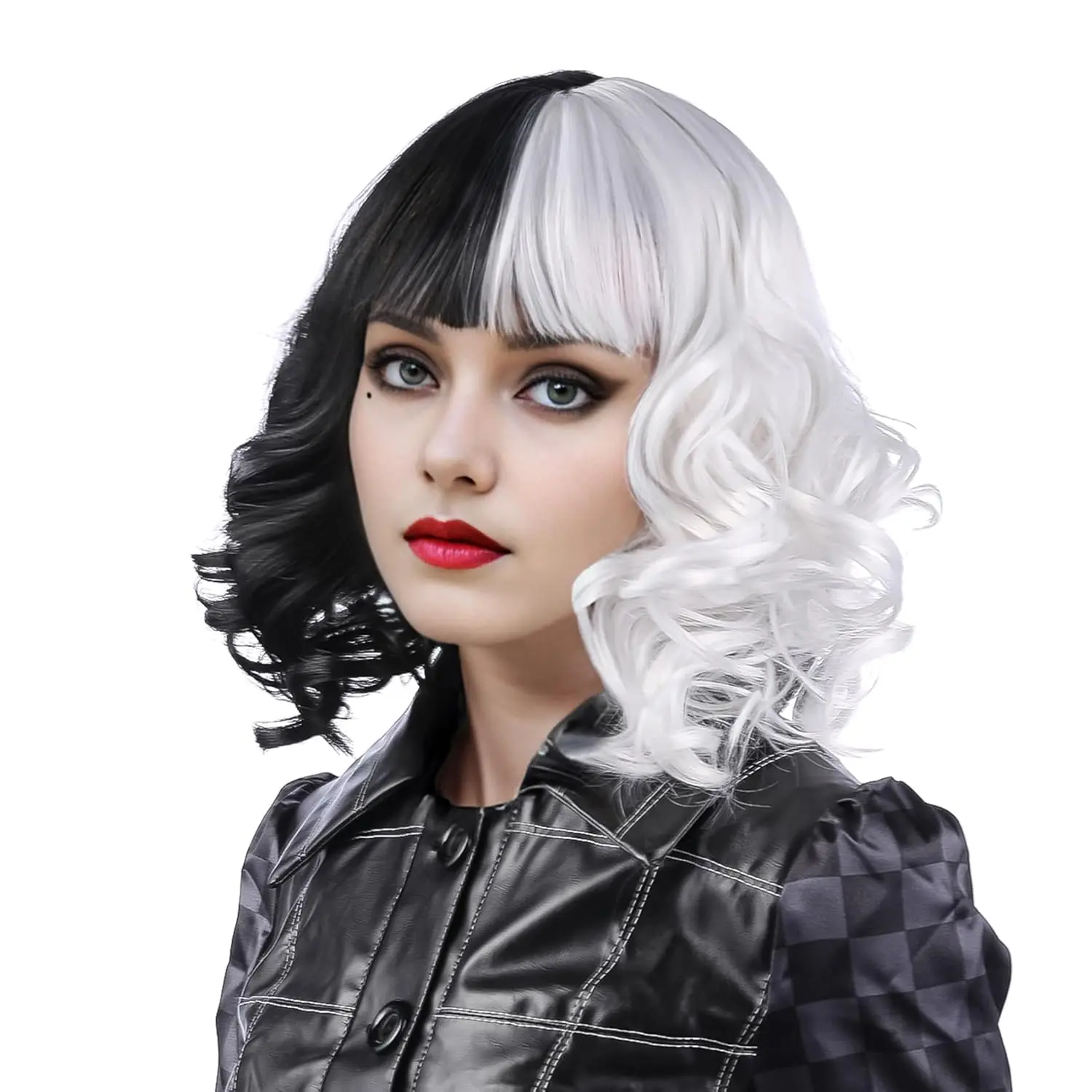شعر مستعار أبيض وأسود للفتيات قصير مجعد نصف أسود نصف أبيض شعر مستعار للهالوين كرويلا ديفيل زي تنكري اصطناعي #2
