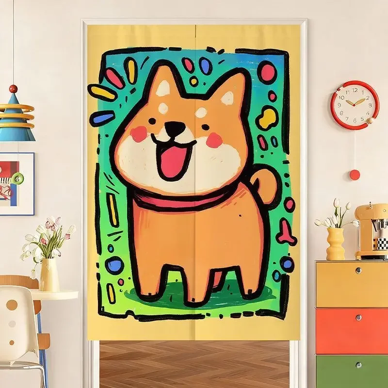 Dopamine Lazy Cat Door Curtain Three Flower Illustration Pattern Home Non Perforated Room Covering Decorative Curtain