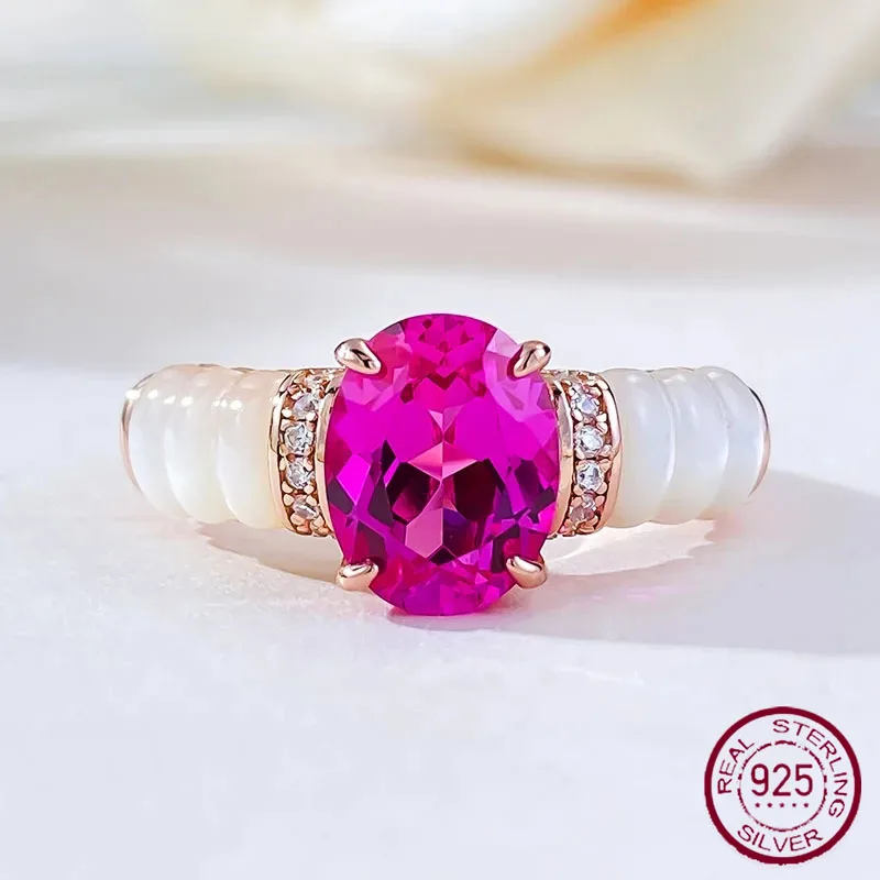 

Longlong Gold Jewelry Live S925 Silver White Fritillaria Set with 7 * 9 Elliptical Pink Diamond Simulation Ring