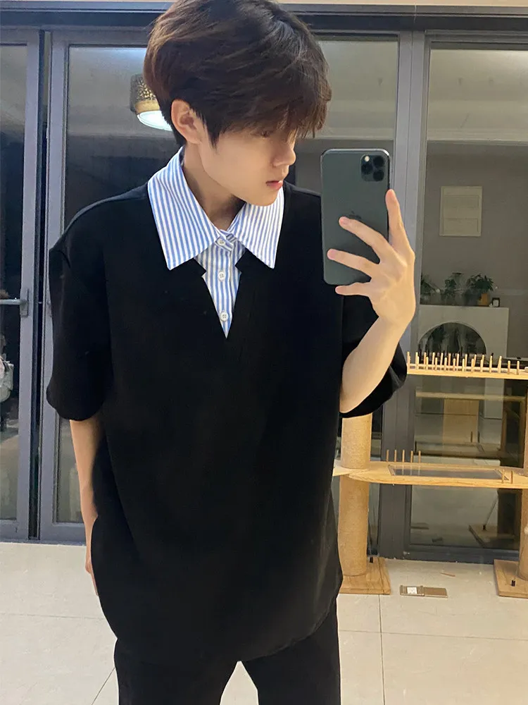 Loose Short Sleeve  Neck T-Shirt Men's Style Summer Casual Fashion Half Sleeve Shirt Collar Splice Design Youth Popular