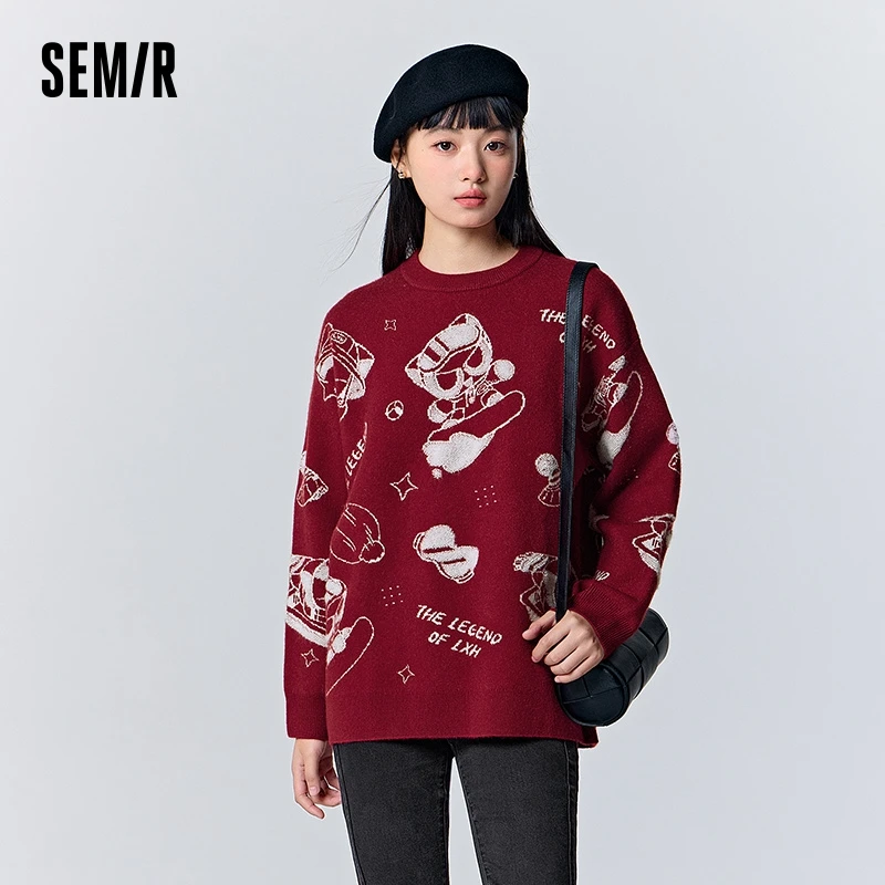 Semir Sweater Women Mid-Length Loose Rocking 2024 New Winter Design Sense Cartoon Jacquard Pullover Shirt