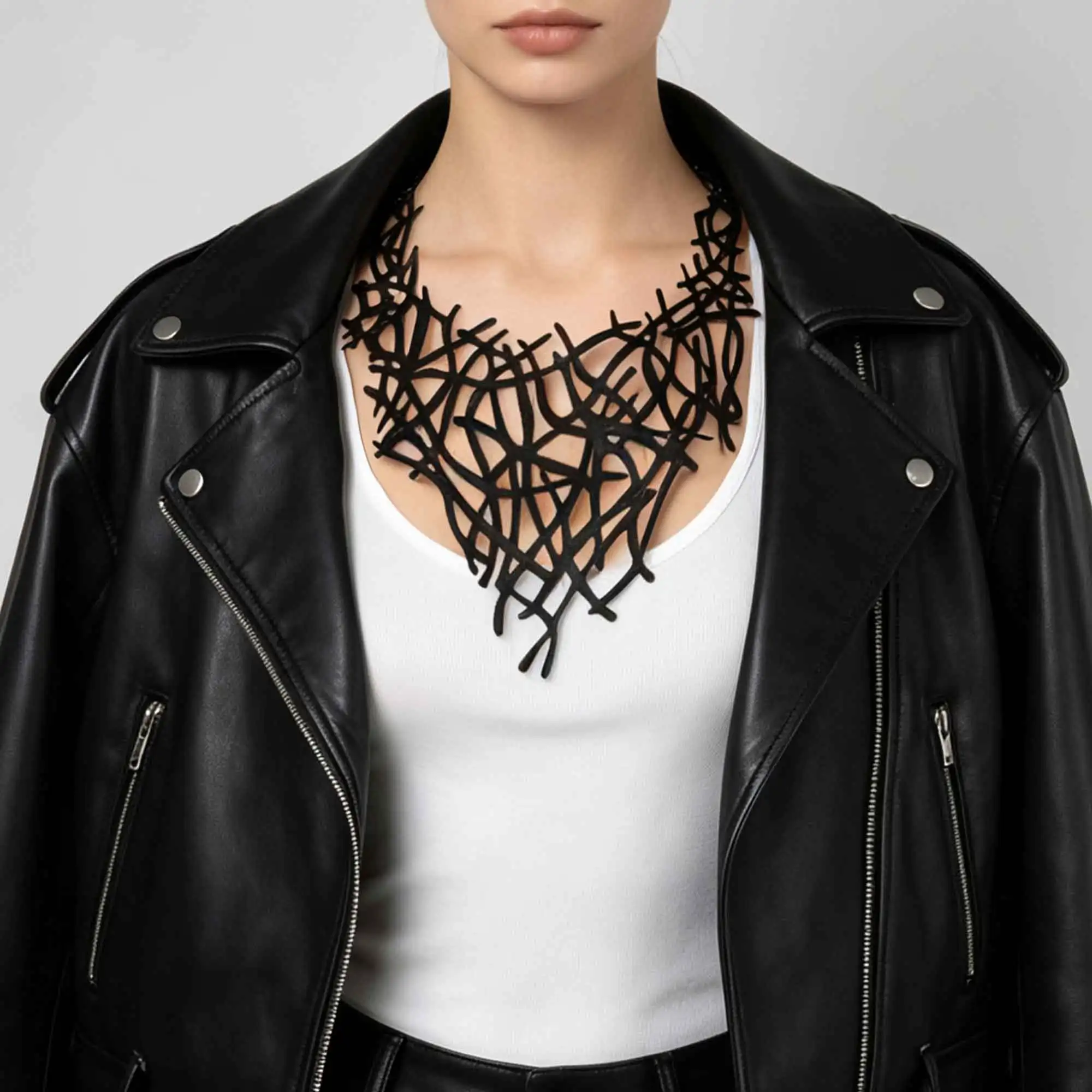 Marliwoo PU Leather Abstract Thorn Web Statement Bib Necklace Hollow Cut‑out Collar Necklace Gothic Party Women Jewelry