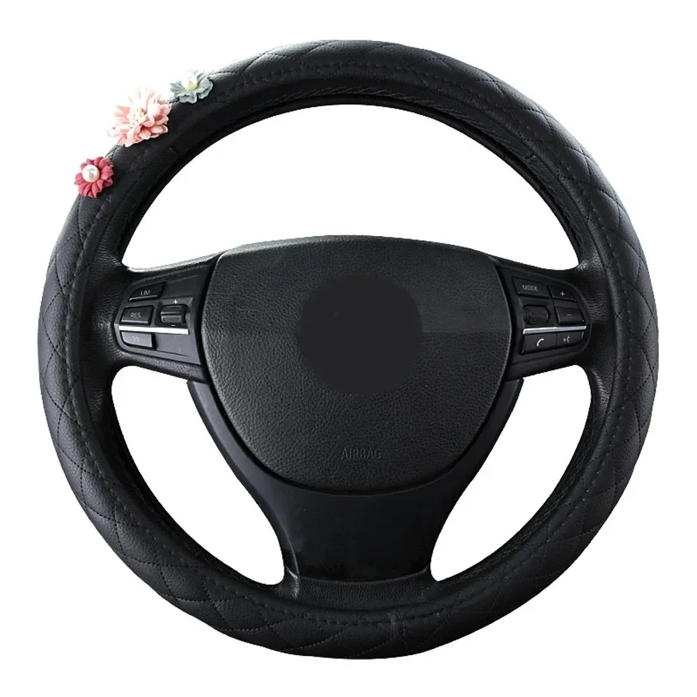 

New Full Leather Auto Car Steering Wheel Cover with Flowers Breatheable Anti-skid for Girl Women Car Interior Styling