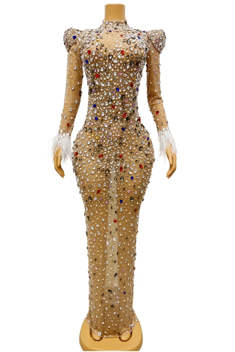 Vestido de malla con perlas y cristales de colores para mujer, traje Sexy de noche de graduación, transparente, Multicolor, con diamantes de imitación, Mangas de plumas de cumpleaños